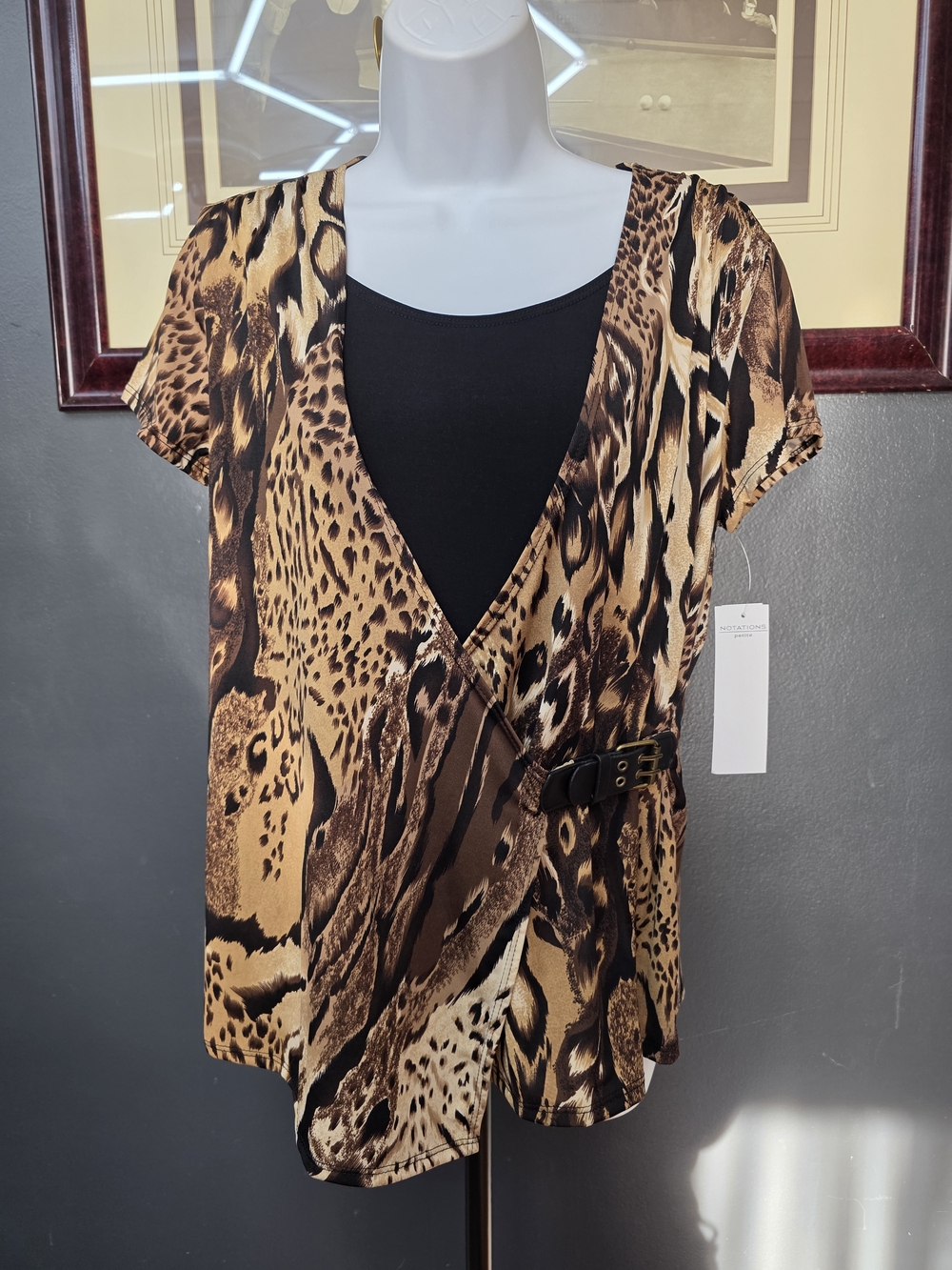 Notations Animal Print Faux-Wrap Blouse in Brown and Black